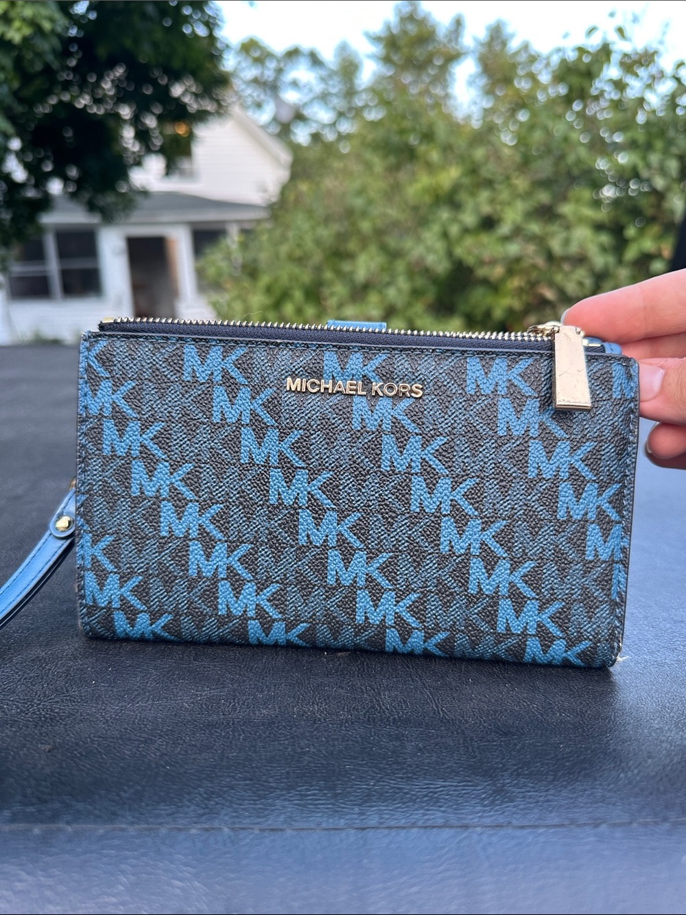 Michael Kors Blue MK Logo Wristlet Wallet with Gold Hardware